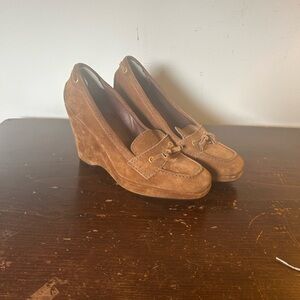 Prada Tan Suede Wedge Loafers